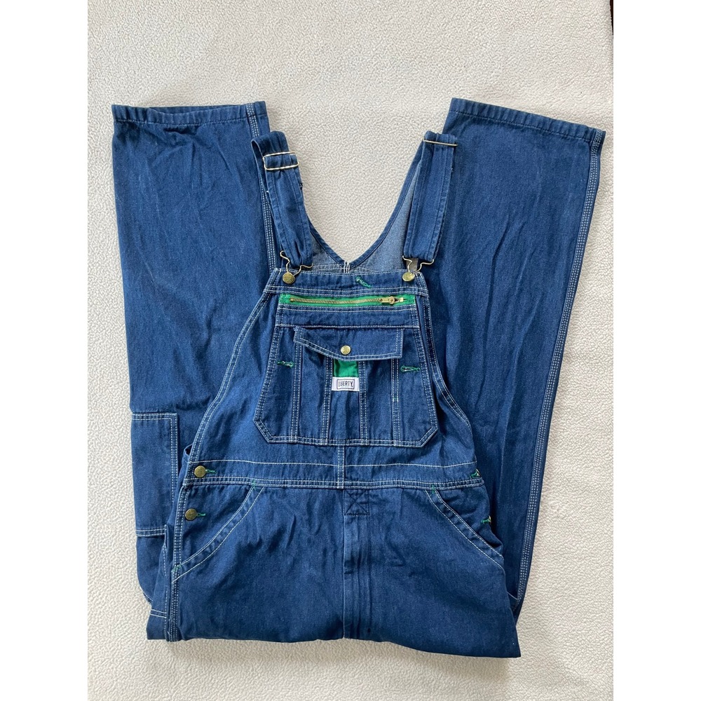 Liberty Mens 34x30 Overalls Blue Denim Bib Workwear Green Accents Farm Ranch